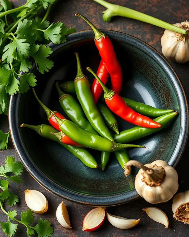 Bowl of fresh green and red chilis with coriander and garlic