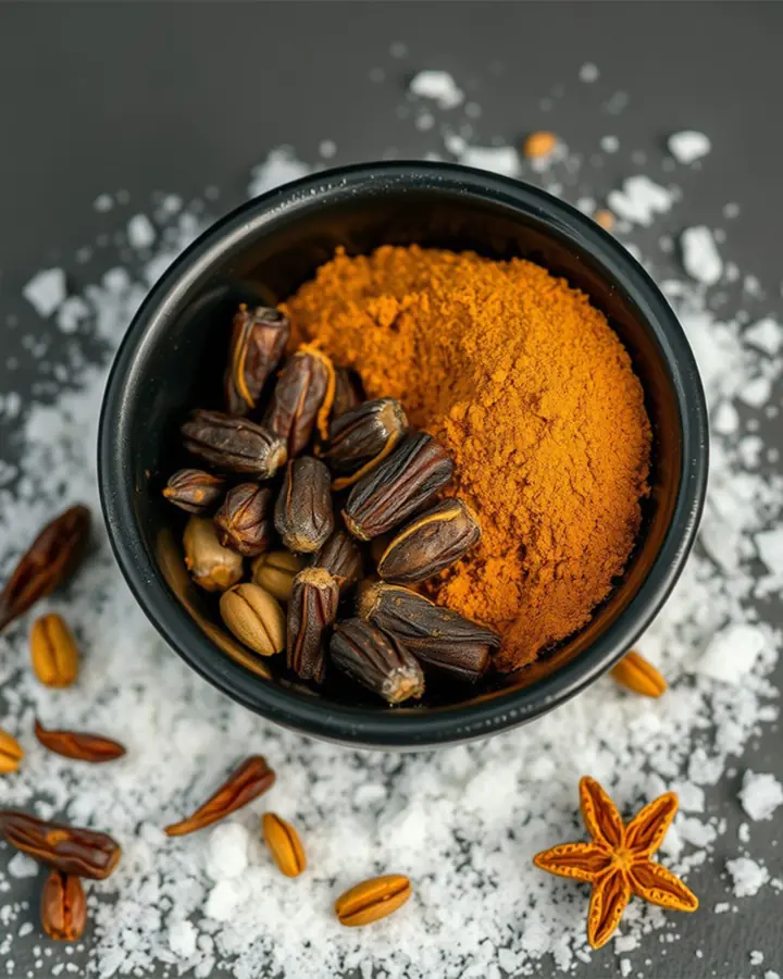 Bowl of ground spices and whole pods on coarse salt